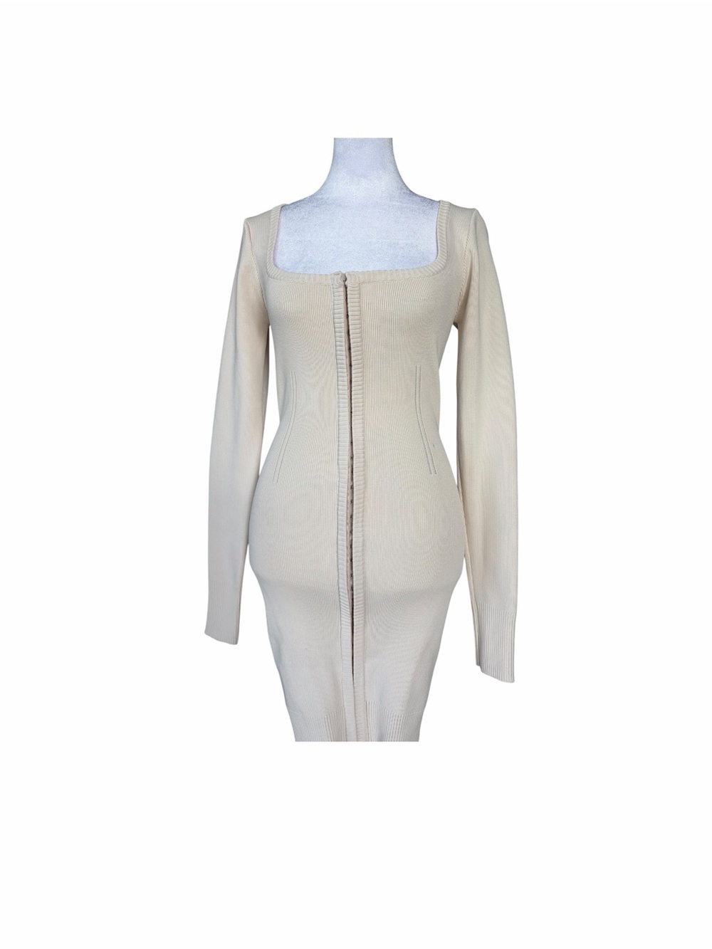 emory park Beige Square-Neck Ribbed Zip-Front Mini Dress